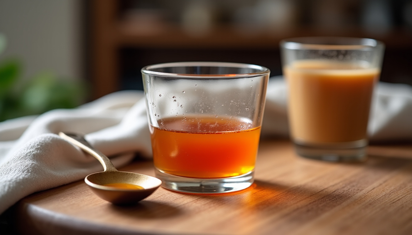 Bocal en verre rempli de sirop de caramel, posé sur une table en bois