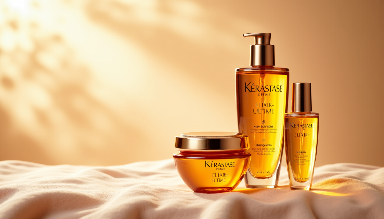 Coffret cadeau de la gamme Kérastase Elixir Ultime, contenant shampoing, masque et huile dans un écrin élégant