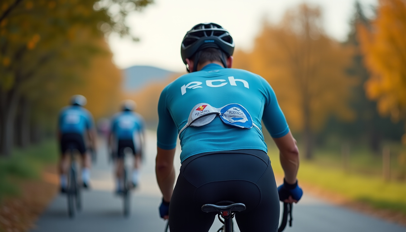 Cycliste professionnel portant un maillot avec les logos des sponsors principaux visibles