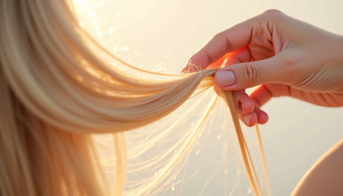 Gros plan sur une main analysant la texture de cheveux blonds et brillants