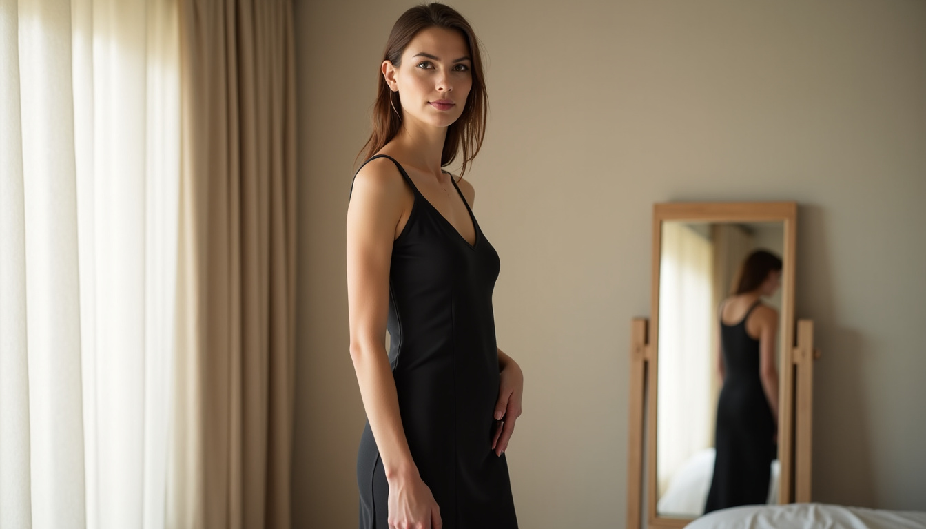 Robe noire mi-longue portée par une femme lors d'une réunion professionnelle