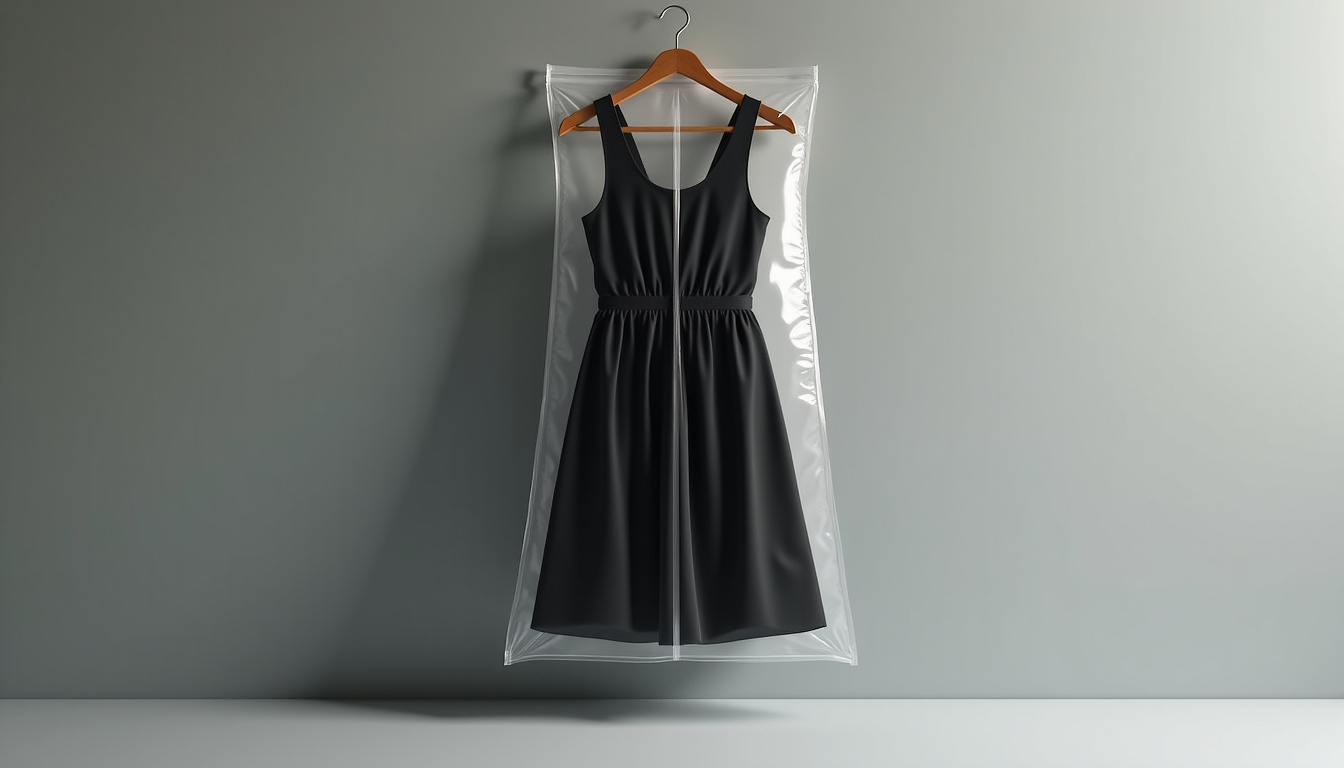 Robe noire suspendue sur un cintre avec une housse de protection