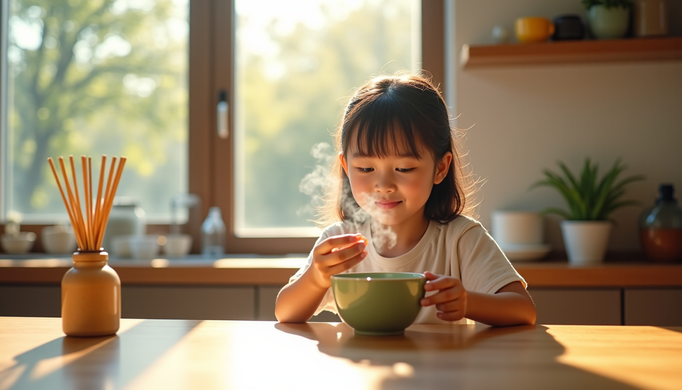 Andie Ella enfant buvant une tasse de matcha préparée par sa mère dans une cuisine lumineuse