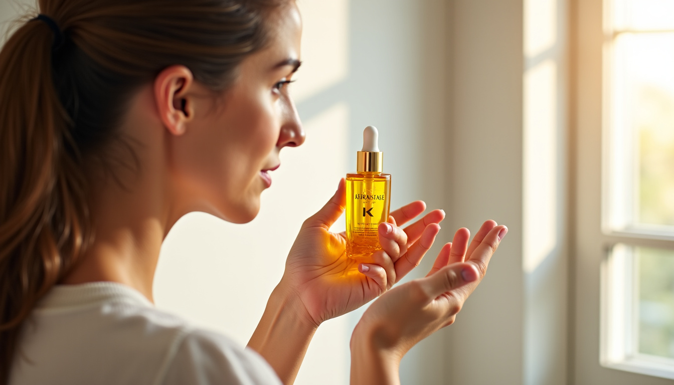 Application d’une huile Kérastase sur cheveux humides avant le coiffage