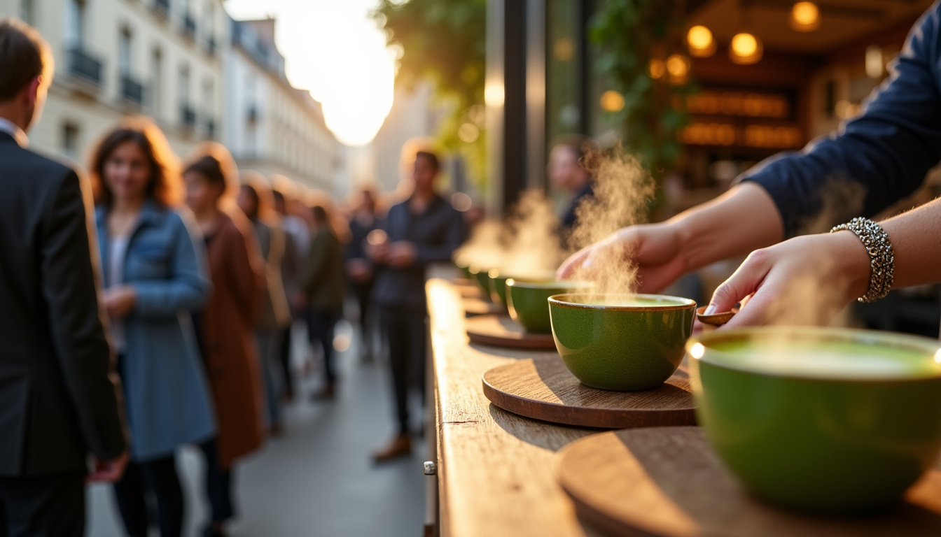 Événement Milia Matcha en 2026 avec queue de clients et dégustation de matcha dans un pop-up store parisien