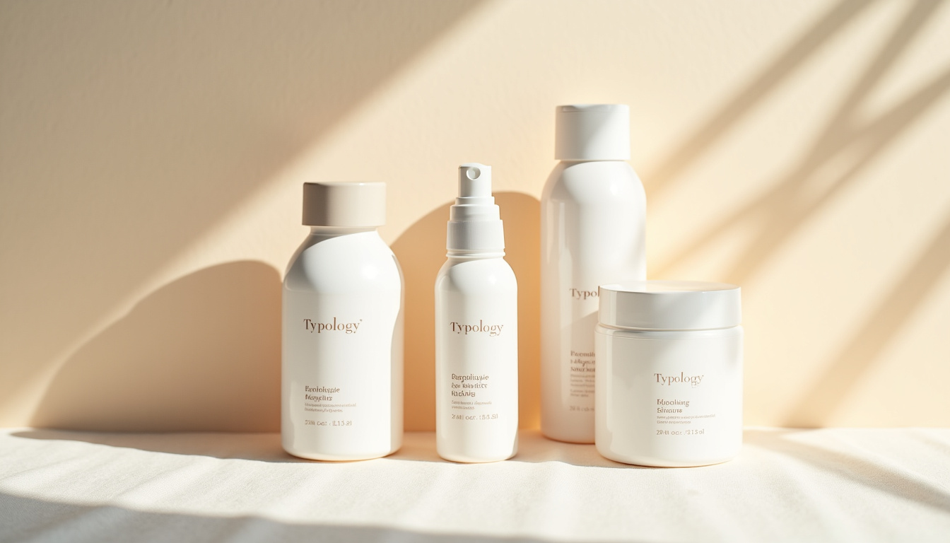 Disposition organisée de produits Typology sur fond clair avec étiquettes de prix