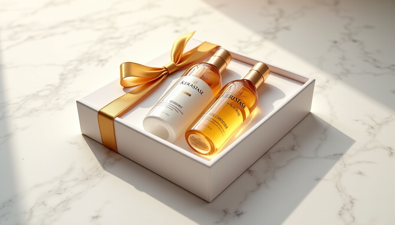 Coffret cadeau Kérastase Genesis contenant plusieurs produits de la gamme, emballé avec un ruban doré