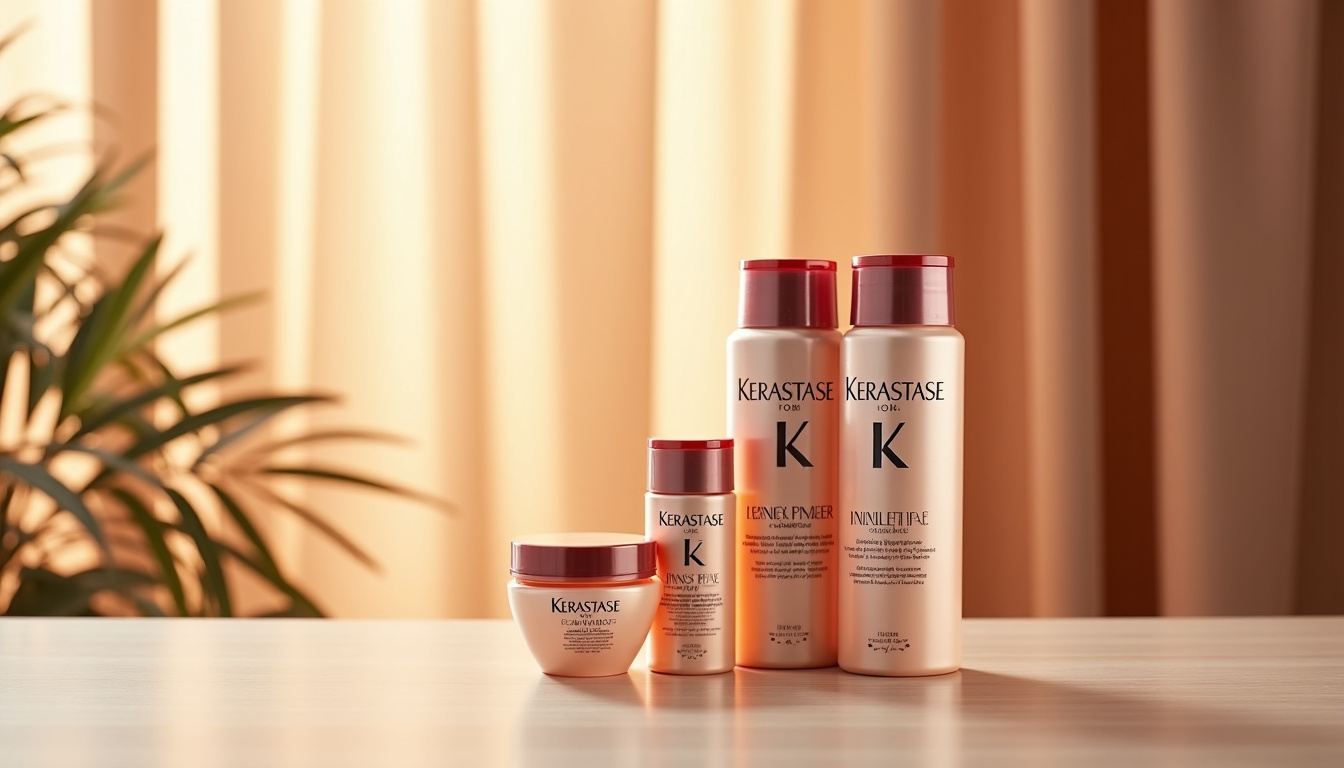 Coffret Kerastase Discipline posé sur une table en bois clair, avec un fond flou de cheveux lisses et brillants