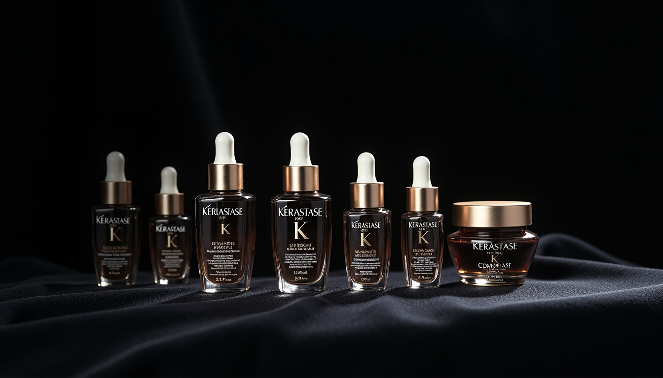Collection complète des sérums Kérastase sur fond sombre avec étiquettes visibles