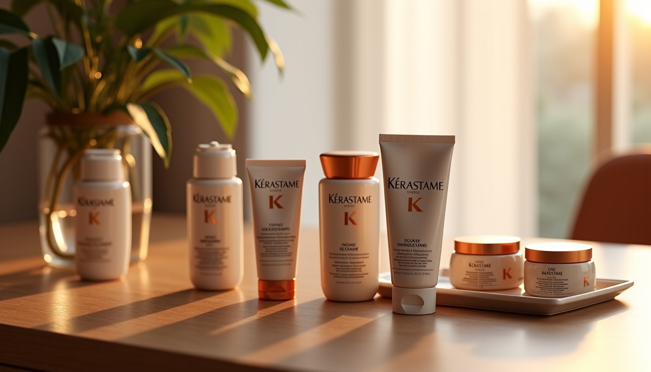 Comparaison de plusieurs coffrets Kerastase alignés sur une table, avec étiquettes indiquant les noms des gammes