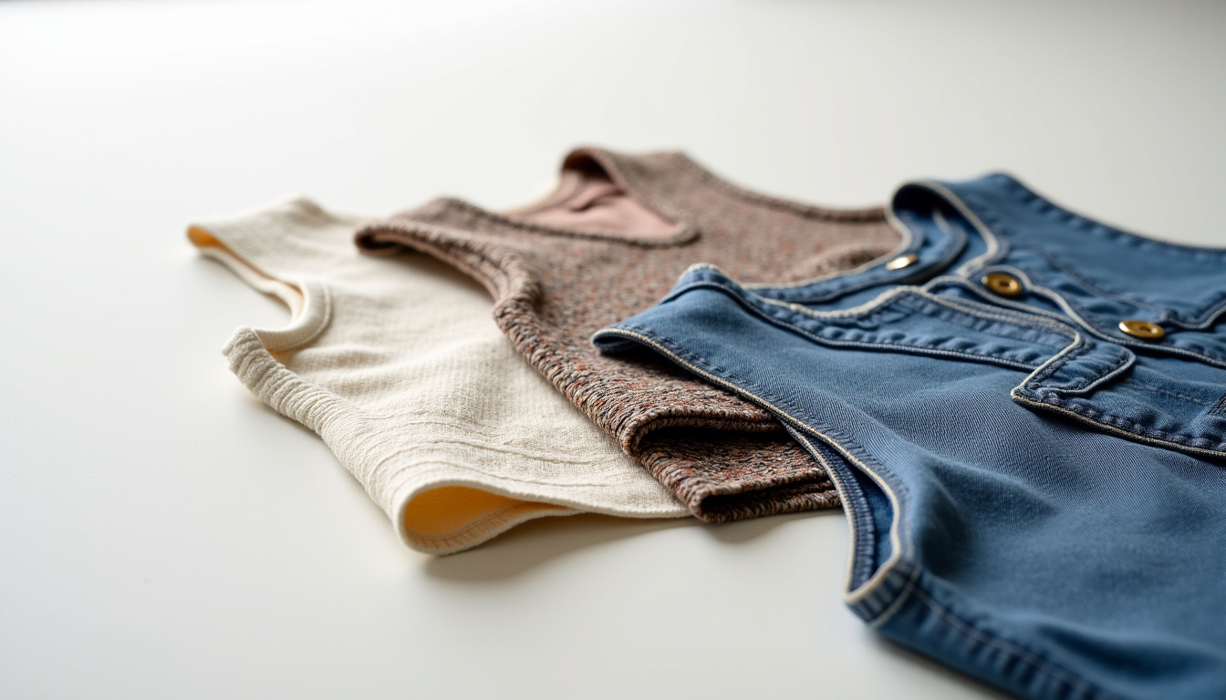 Détails de différentes matières de gilets sans manche Zara: maille fine, tweed et denim