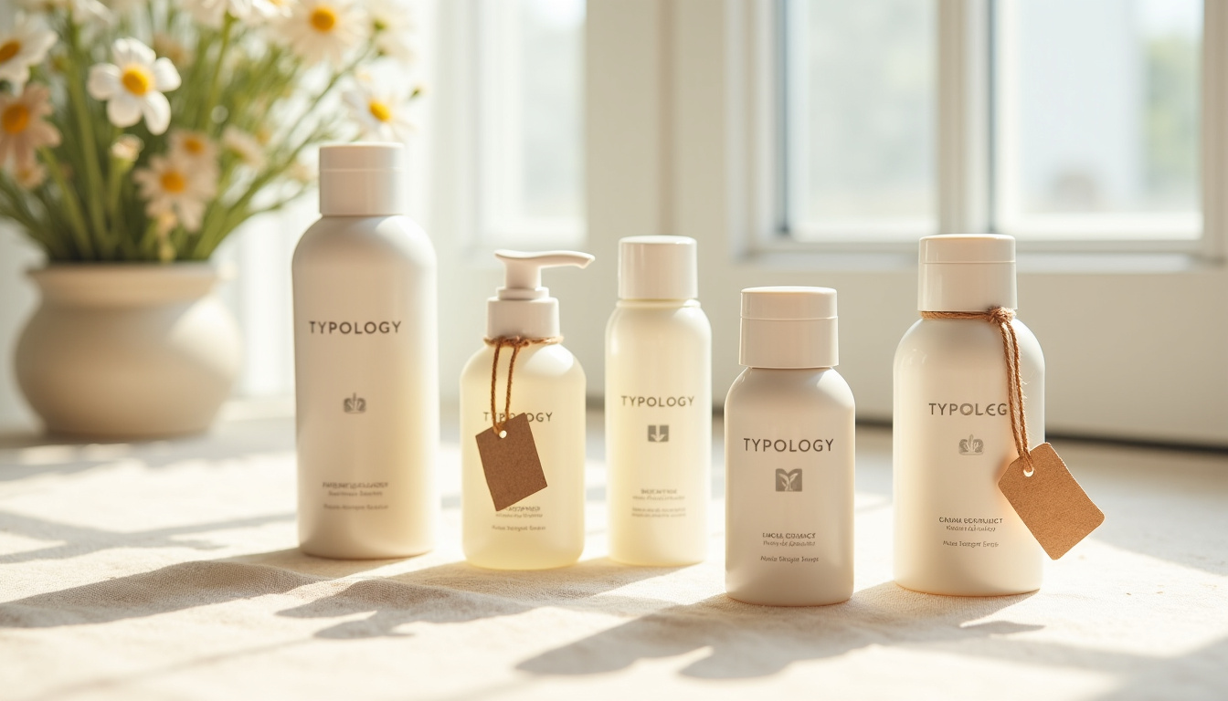 Disposition organisée de produits Typology sur fond clair avec étiquettes de prix