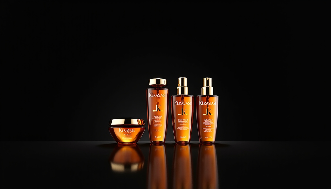 Disposition stylisée des produits Kérastase Genesis sur fond noir: shampoing, après-shampoing, masque et sérum alignés