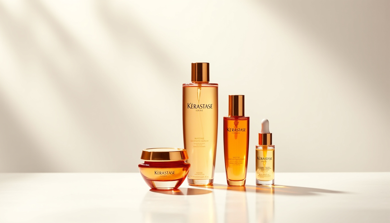 Étui de produits de la gamme Kérastase Nutritive: shampoing, masque et sérum soigneusement disposés sur fond clair