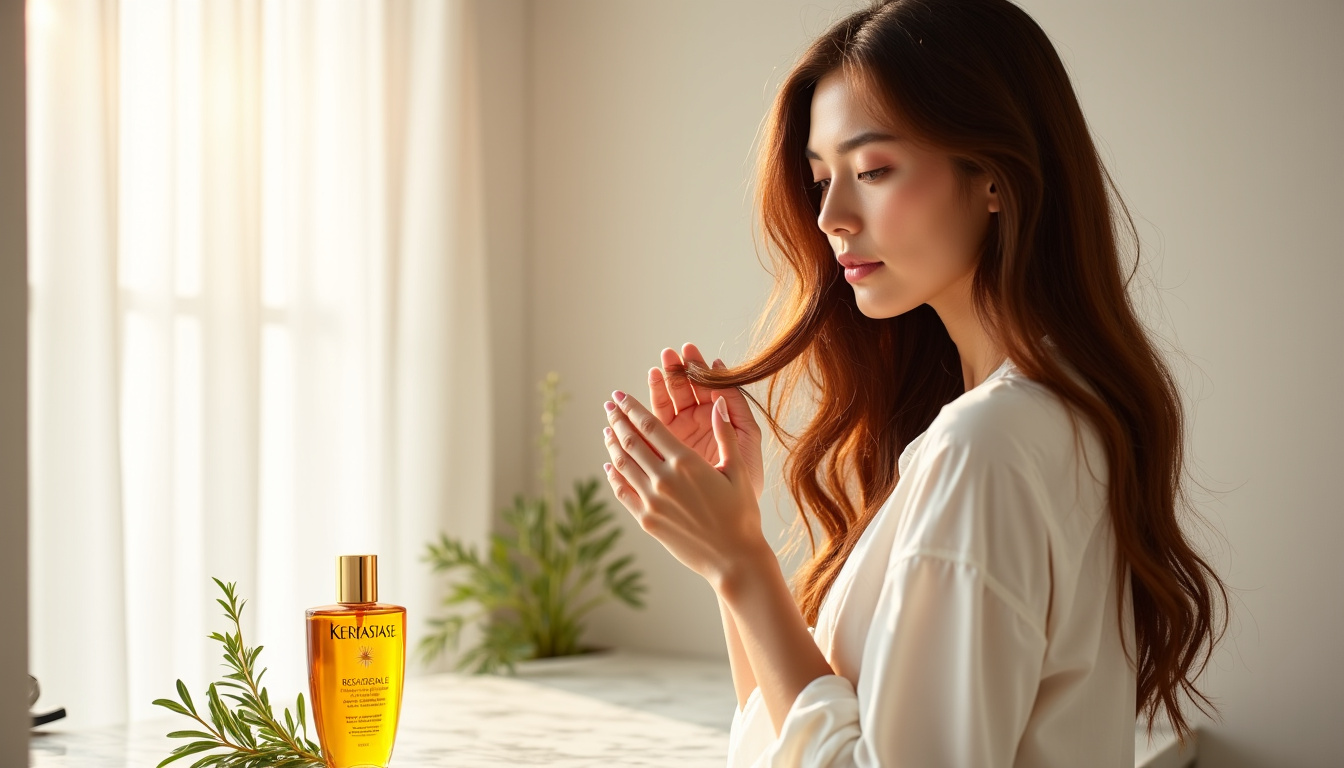 Femme appliquant l’huile Originale Rechargeable de Kérastase sur ses longueurs