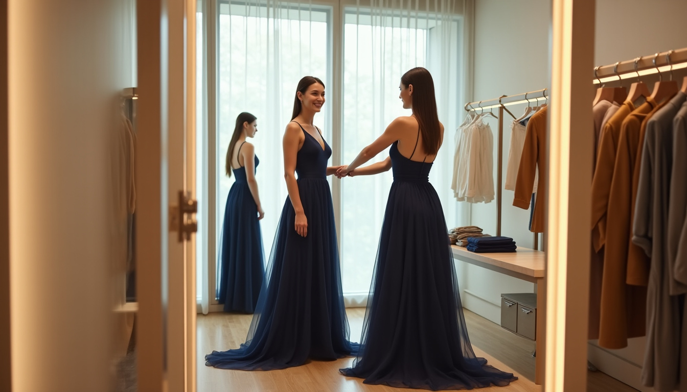 Femme essayant une robe de soirée Zara dans une cabine d