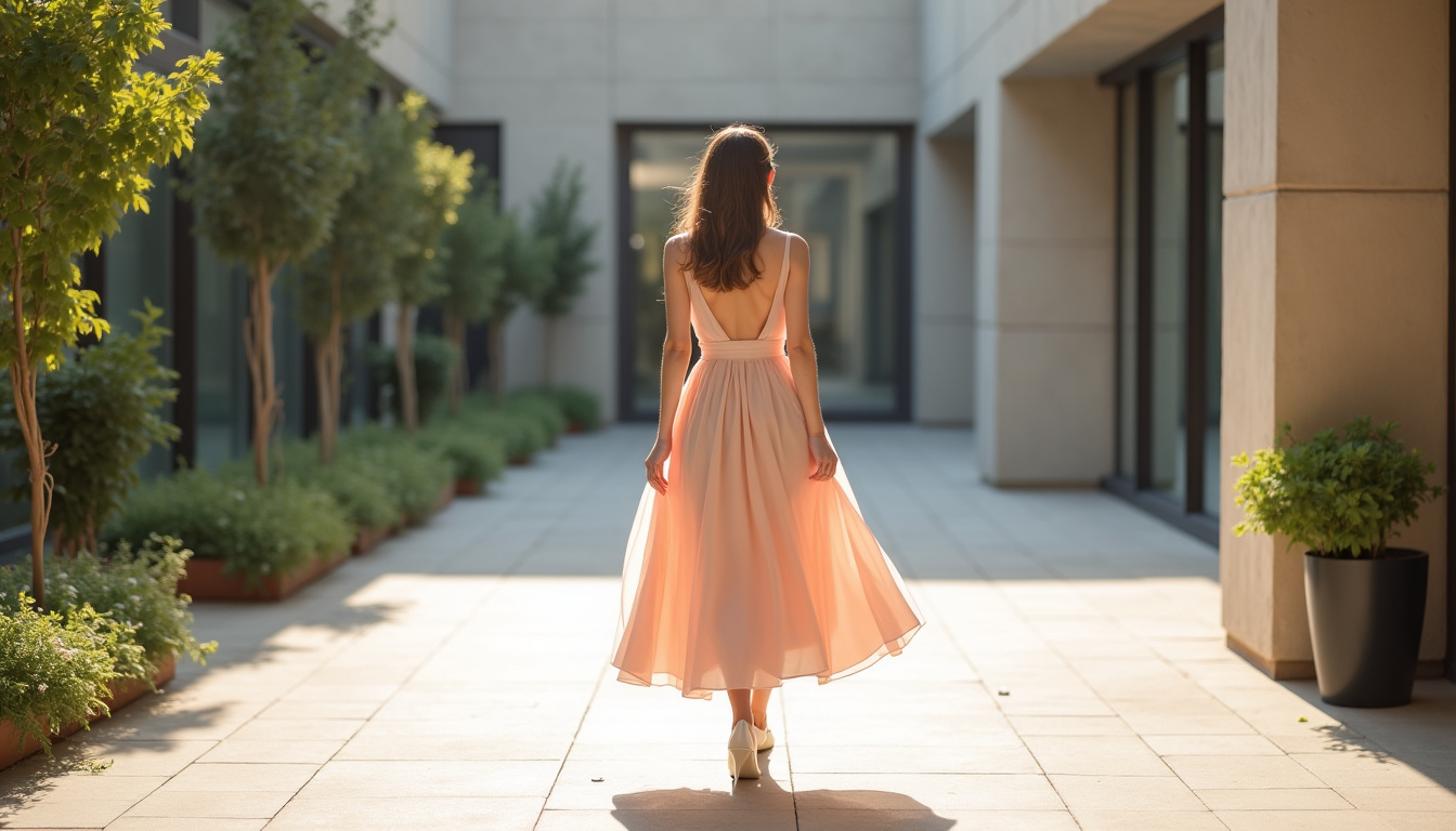 Femme portant une robe midi élégante lors d’une cérémonie urbaine en journée