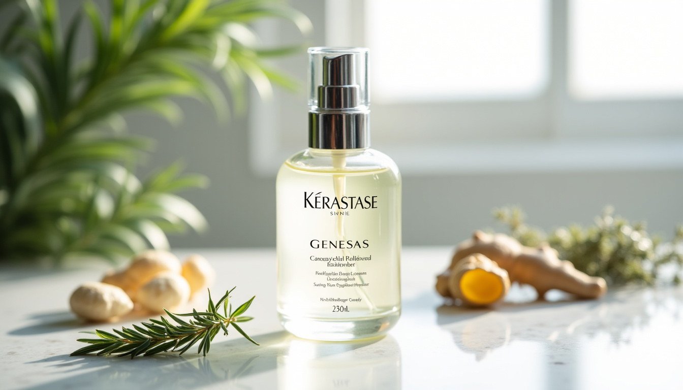 Flacon de sérum anti-chute Kérastase Genesis posé sur une surface claire avec échantillons de plantes autour
