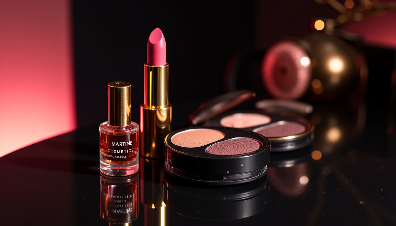 Produits phares de la marque Martine Cosmetics étalés sur une table avec éclairage stylisé