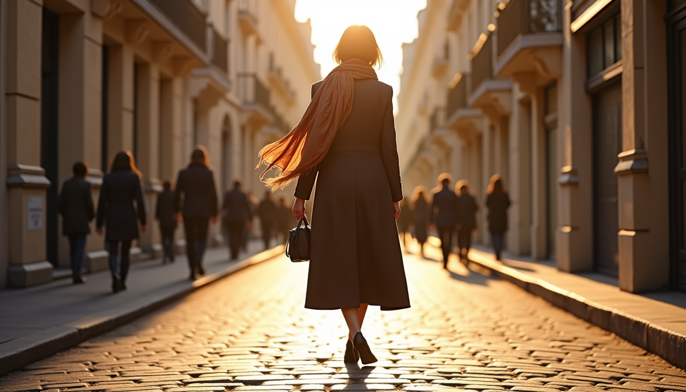 Garance Doré marchant dans un quartier parisien, veste longue, foulard, sac à main