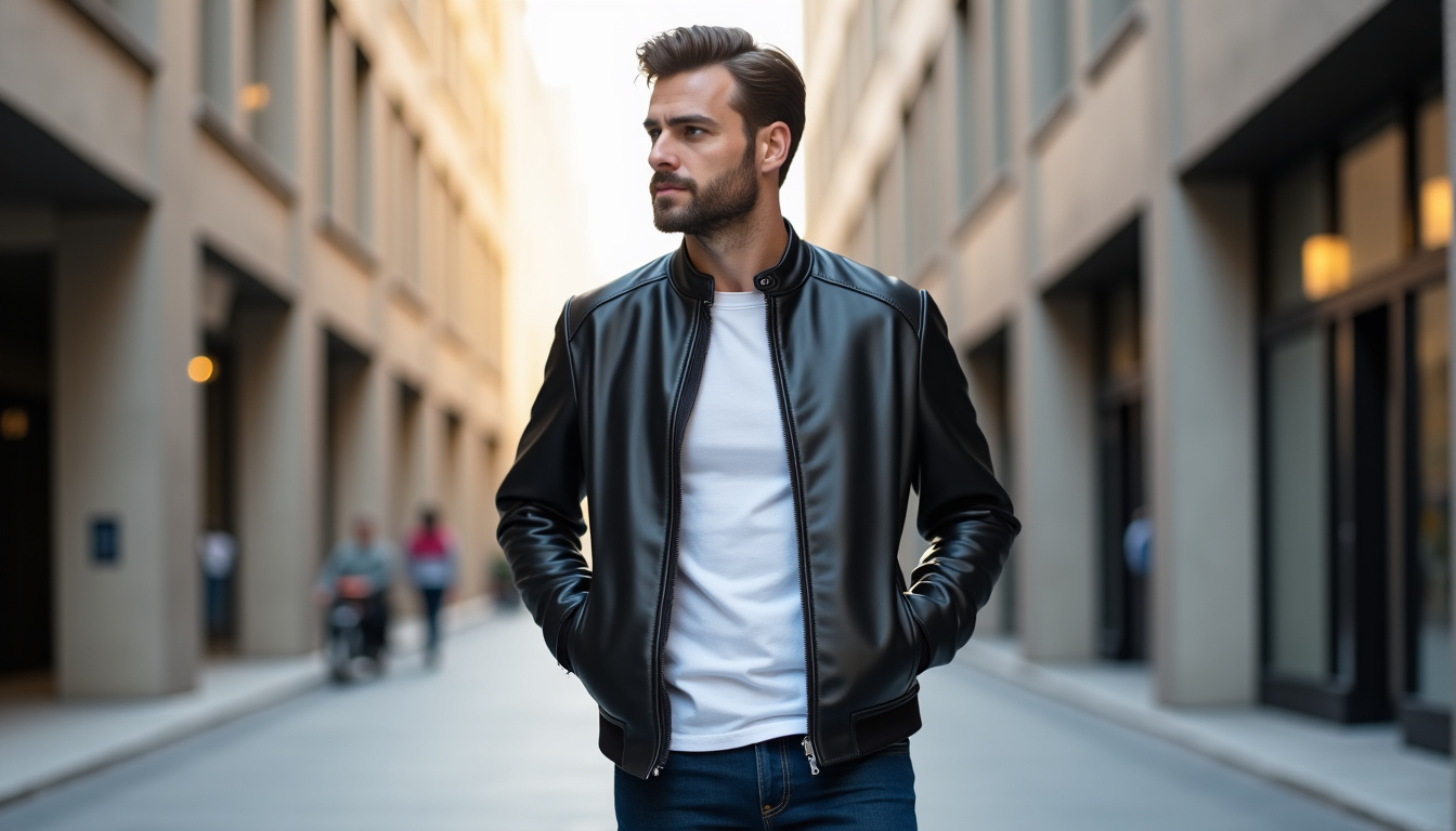 Homme portant une veste en cuir Zara avec un jean et un t-shirt, en situation urbaine