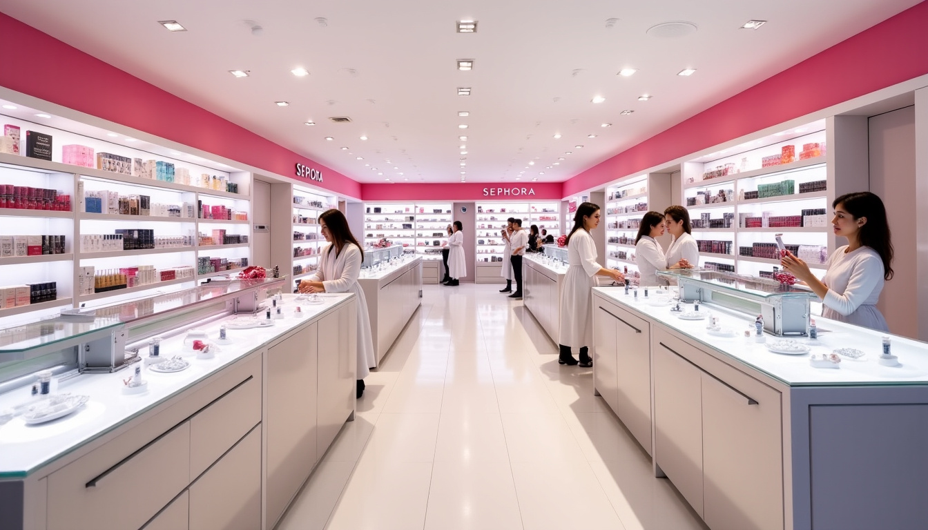 Intérieur du Sephora du Forum des Halles à Paris, montrant les allées bien organisées et les conseillers en uniforme blanc
