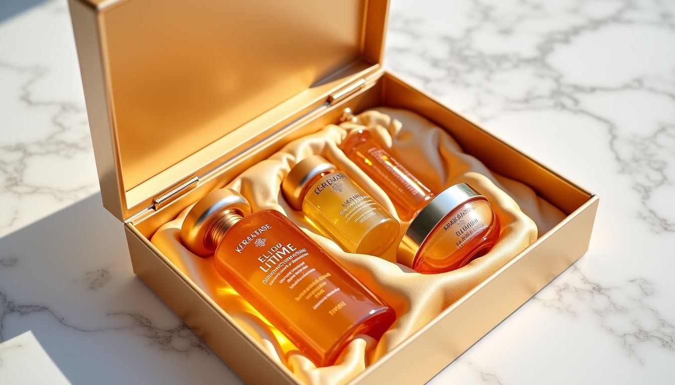 Coffret cadeau de la gamme Kérastase Elixir Ultime, contenant shampoing, masque et huile dans un écrin élégant