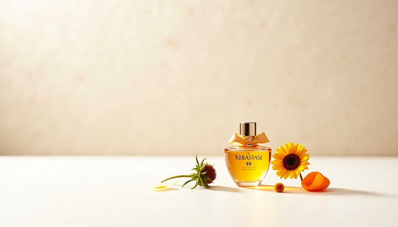 Illustration des ingrédients clés de l'huile Kérastase Elixir Ultime: huile de marula, camélia, argan, germe de maïs et pracaxi