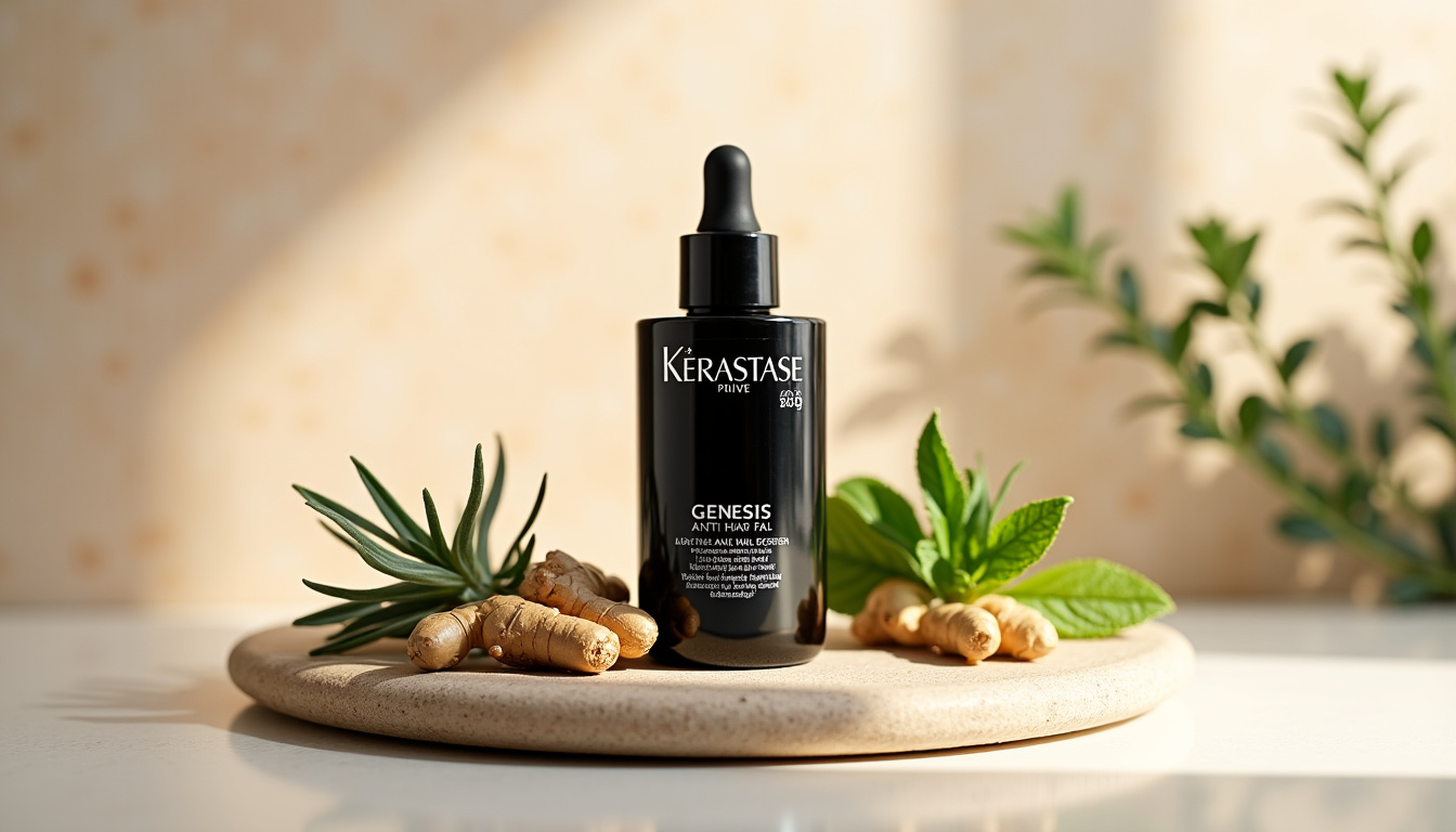 Flacon de sérum anti-chute Kérastase Genesis posé sur une surface claire avec échantillons de plantes autour