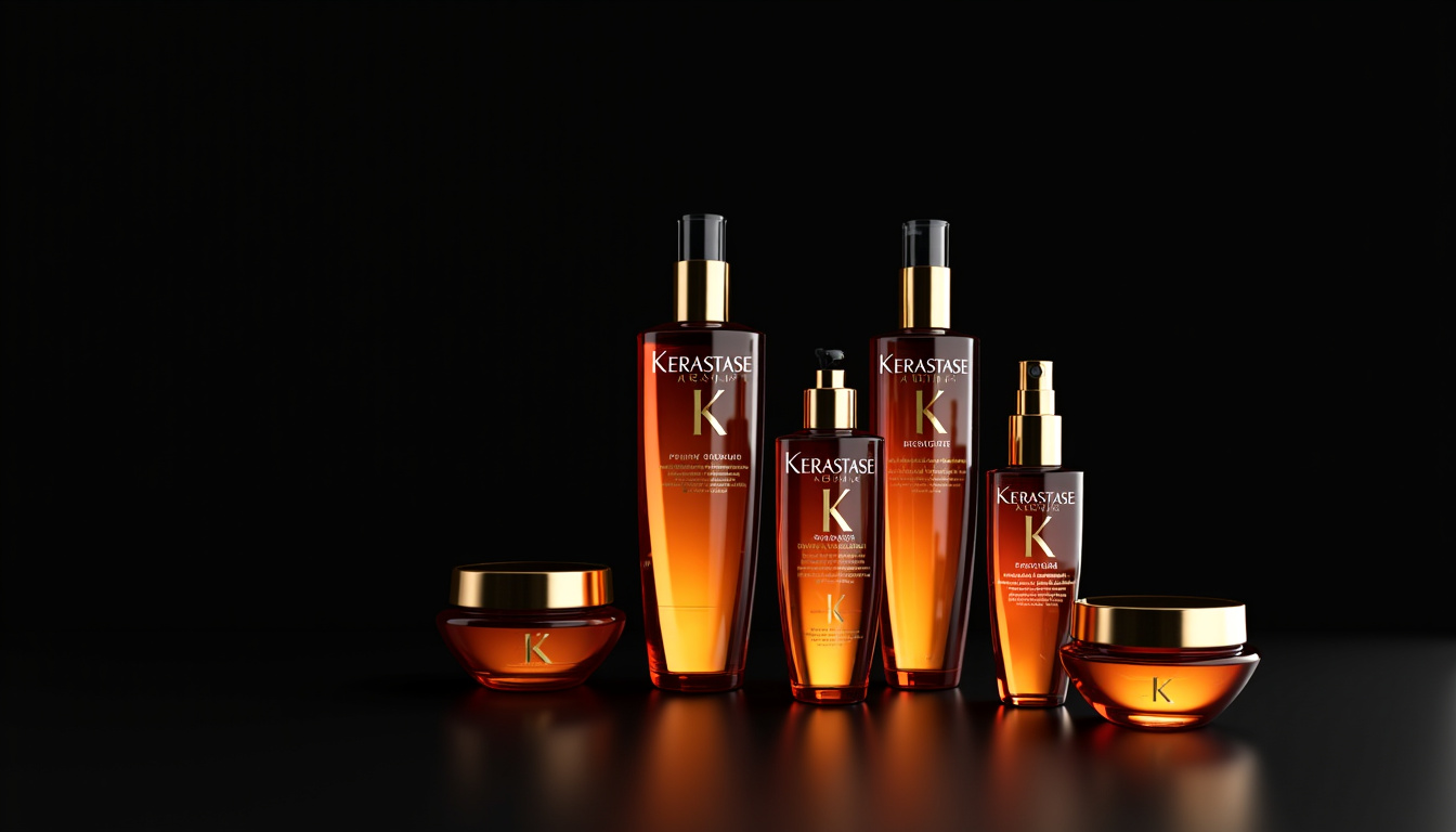 Disposition stylisée des produits Kérastase Genesis sur fond noir: shampoing, après-shampoing, masque et sérum alignés