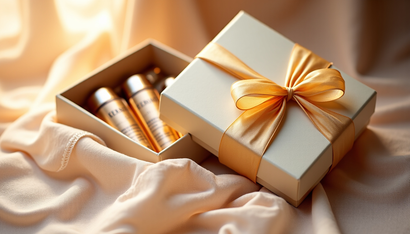 Coffret cadeau Kérastase Genesis contenant plusieurs produits de la gamme, emballé avec un ruban doré