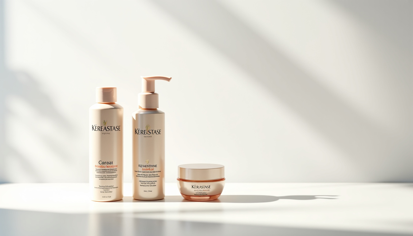 Étui de produits de la gamme Kérastase Nutritive: shampoing, masque et sérum soigneusement disposés sur fond clair