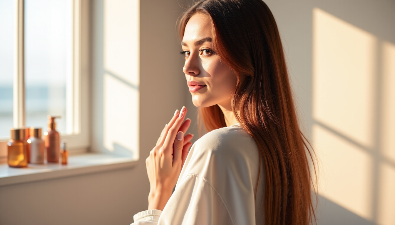 Application d'un masque Kérastase Nutritive sur cheveux mi-longs, mains en train de masser la longueur des cheveux