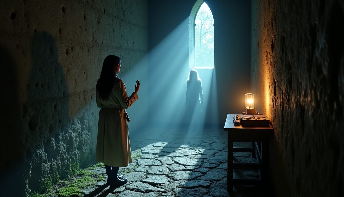 Marie Lopez lors d’une enquête paranormale au Château de Montfort avec une médium