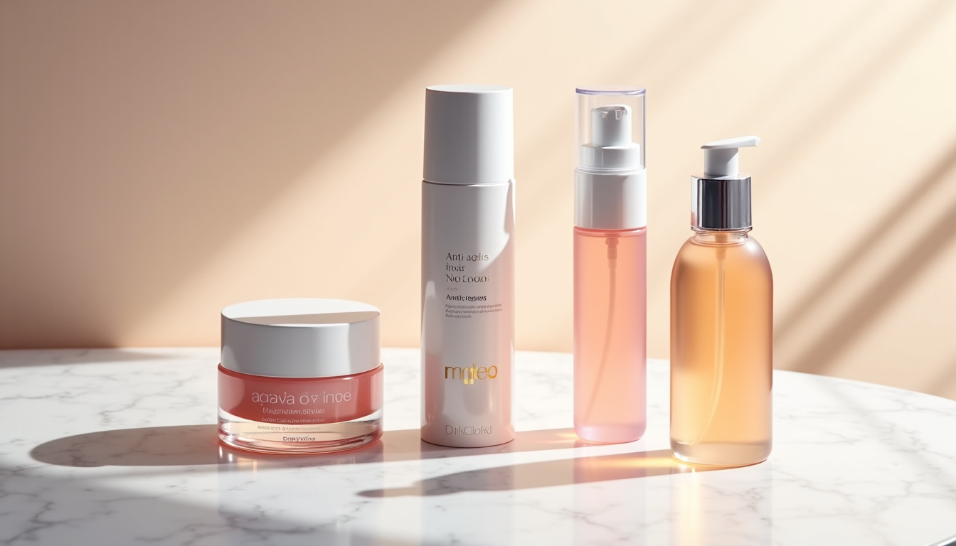 Produits anti-âge haut de gamme de marques comme Sunday Riley et Shiseido présentés sur une table en marbre avec éclairage doux
