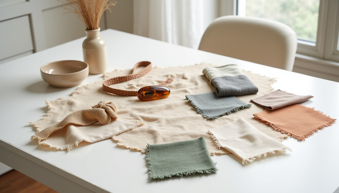 Plateau de tendances mode 2026: échantillons de tissus, accessoires, couleurs, motifs