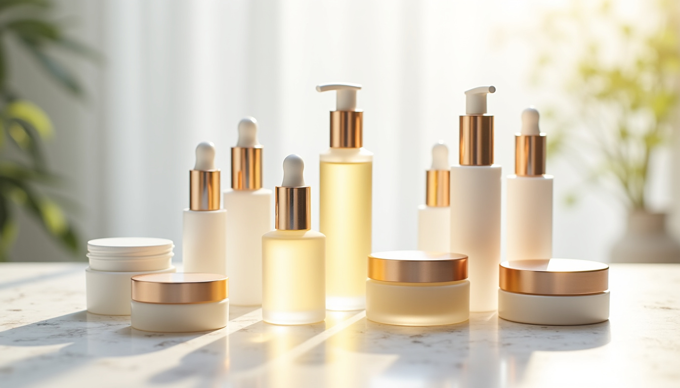 Produits anti-âge haut de gamme de marques comme Sunday Riley et Shiseido présentés sur une table en marbre avec éclairage doux