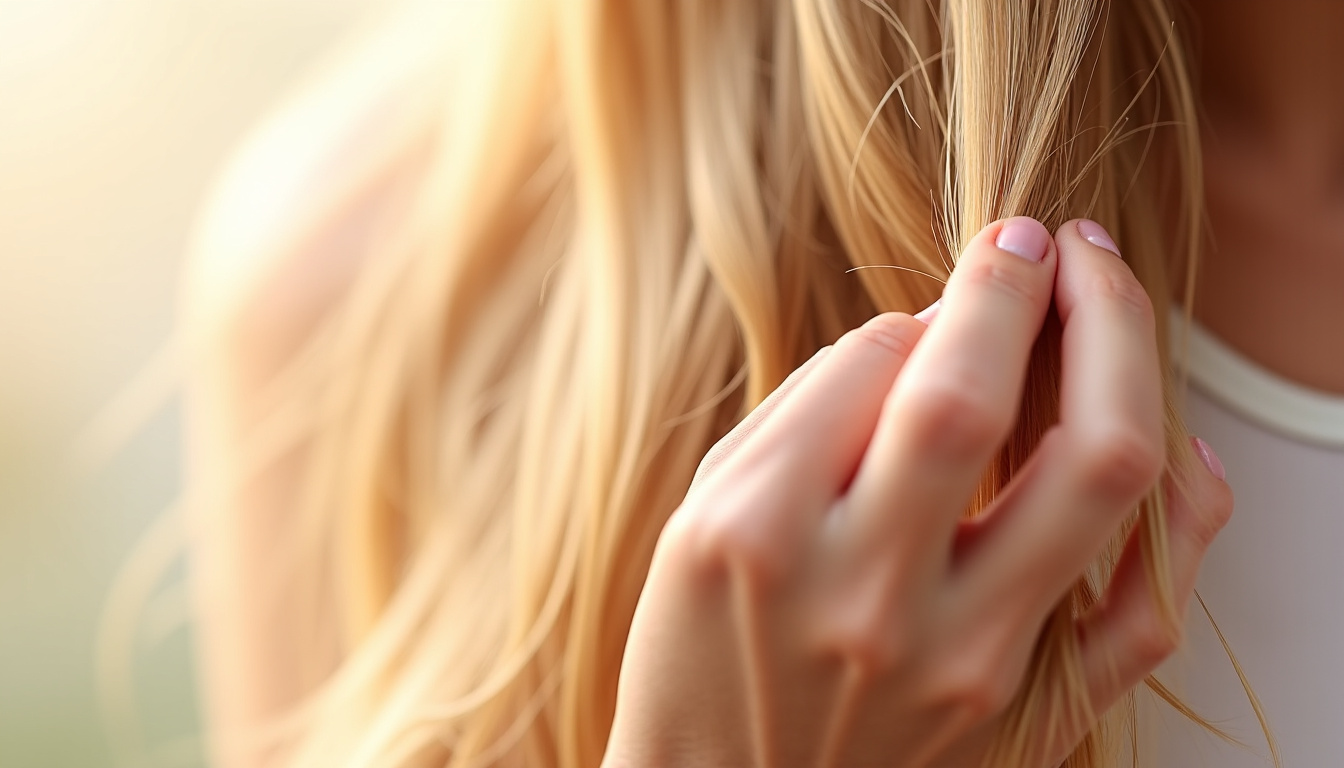 Gros plan sur une main analysant la texture de cheveux blonds et brillants