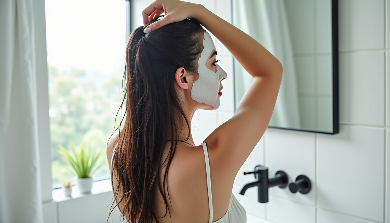 Femme appliquant un masque capillaire blanc sur ses cheveux longs et humides dans une salle de bain moderne