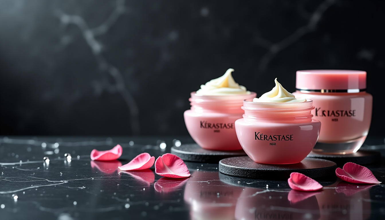 Présentation esthétique de pots de masques Kérastase sur un comptoir de marbre noir