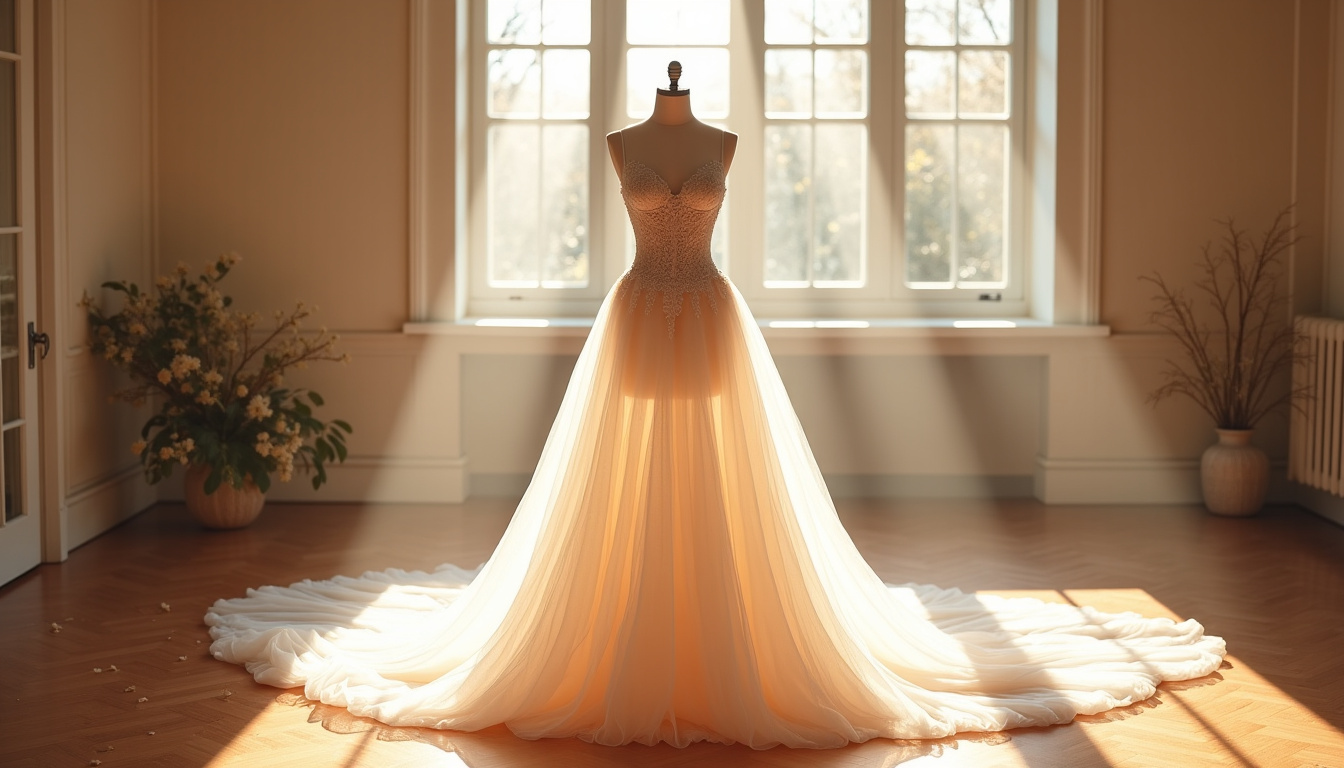 Robe de mariée princesse avec silhouette en A, corsage ajusté et jupe volumineuse en tulle