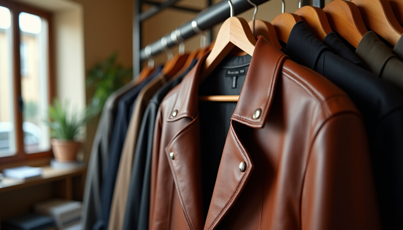 Veste en cuir Zara exposée dans une friperie spécialisée en vêtements de marque