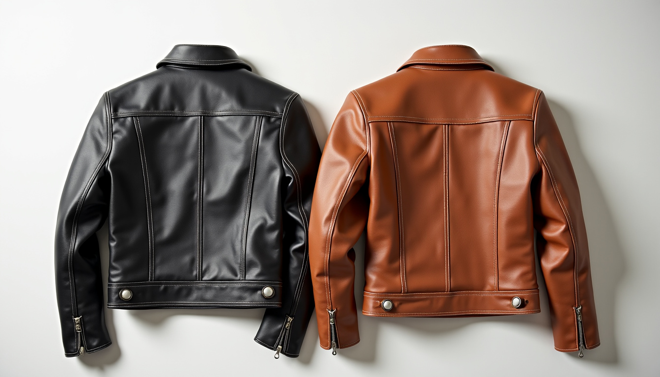 Comparaison visuelle entre une veste en cuir véritable et une veste en similicuir de chez Zara, avec mise en évidence des textures et des coutures