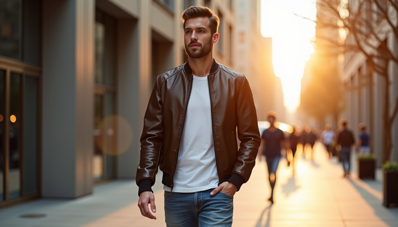Veste en cuir Zara pour homme en style bomber, portée avec un t-shirt blanc et un jean brut