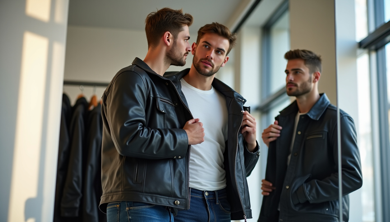 Homme essayant une veste en cuir Zara en magasin, devant un miroir