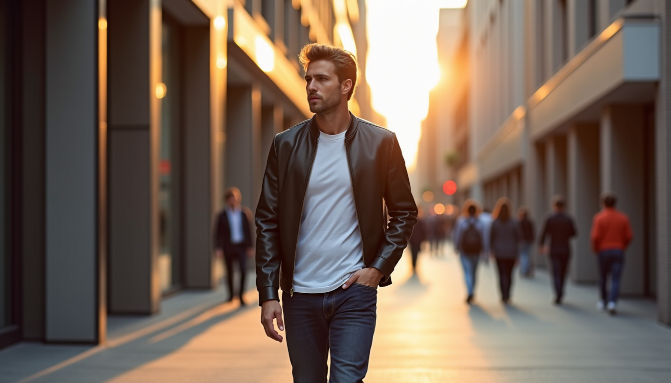 Homme portant une veste en cuir Zara avec un jean et un t-shirt, en situation urbaine