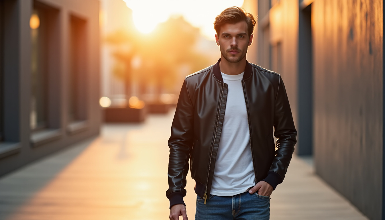 Veste en cuir Zara pour homme en style bomber, portée avec un t-shirt blanc et un jean brut