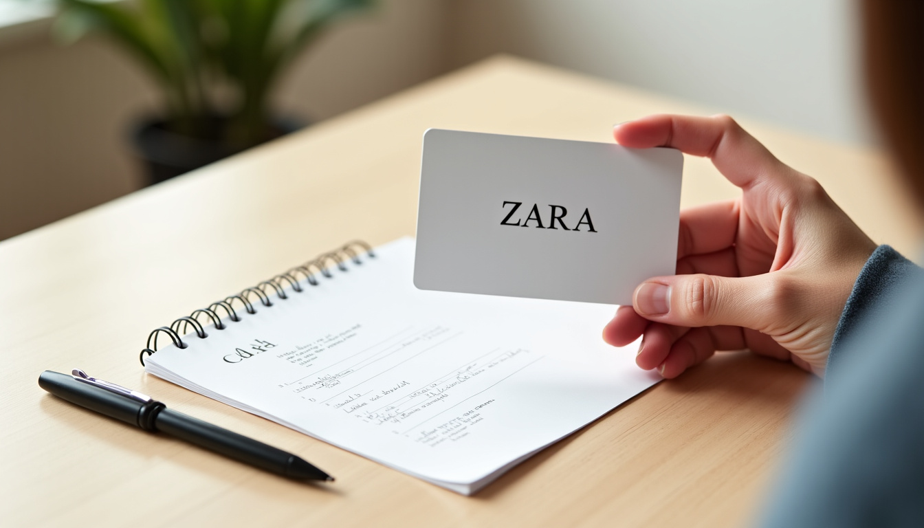 Carte cadeau Zara imprimée tenue dans la main avec un stylo et un petit mot manuscrit