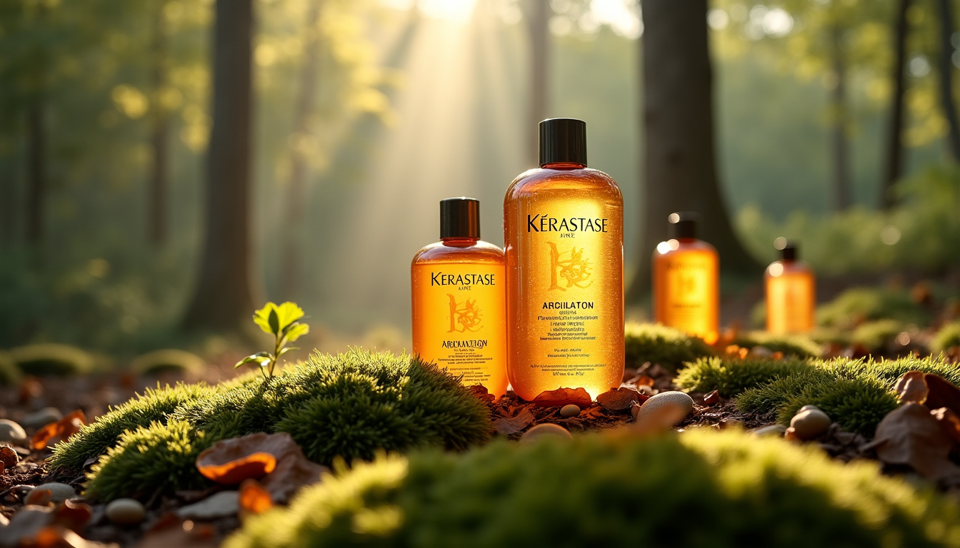 Flacons Kérastase en plastique recyclé, disposés sur un fond naturel