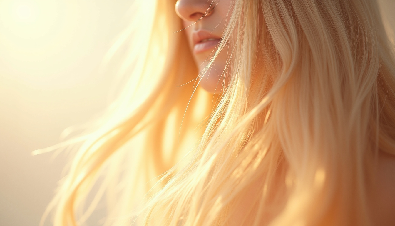 Chevelure blonde saine et brillante après application des produits Kérastase Blond Absolu, détaillant la texture et l